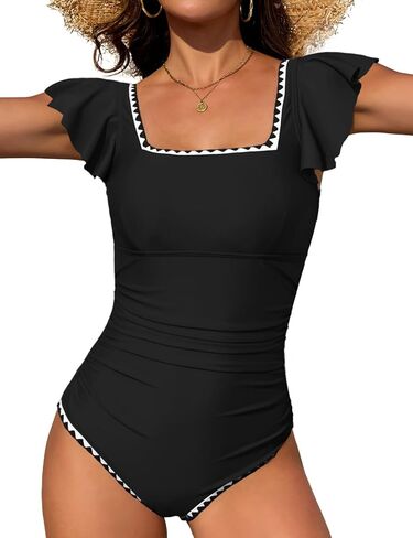 Tummy Control One Piece Swimsuit for Women Square Neck Ruffled Sleeves White Trim Bathing Suit in Saudi Arabia