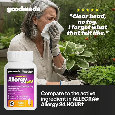 ValuMeds GoodMeds Compare to Allegra | Fexofenadine HCl 180mg | 24-Hour Allergy Relief, Non-Drowsy Antihistamine Generic Medicine for Allergies, Hay Fever, Itchy Eyes | for Kids & Adults (120 Count) in Kuwait