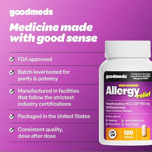 ValuMeds GoodMeds Compare to Allegra | Fexofenadine HCl 180mg | 24-Hour Allergy Relief, Non-Drowsy Antihistamine Generic Medicine for Allergies, Hay Fever, Itchy Eyes | for Kids & Adults (120 Count) in Kuwait