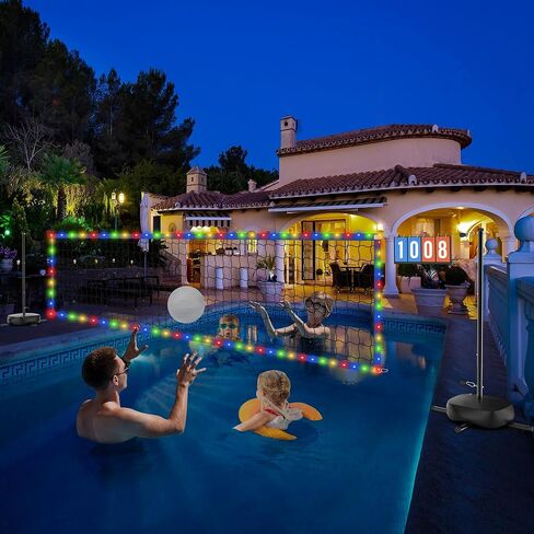 شبكة كرة طائرة لحمام السباحة مع لوحة نتائج، عرض قابل للتعديل (15-32 قدمًا) ارتفاع (4-7.5 قدم) مجموعة كرة طائرة لحمام السباحة، شبكة تنس ريشة محمولة متعددة الاستخدامات مع قاعدة مائية، ضوء LED بطول 21 قدمًا in Kuwait