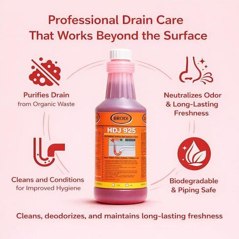 HDJ Drain Odor Eliminator & Cleaner, Concentrated Treatment Purifies, Cleans and Removes Foul Odors, For Kitchen Sink, Floor Drain, Trash Room, Compactor and Sump Pit, Biodegradable, 32 oz in Kuwait