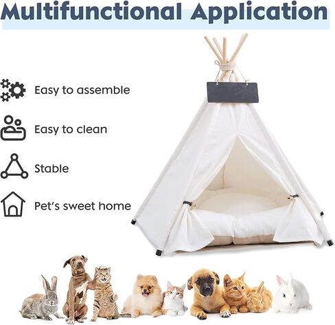 Pet Teepee Tent for Small Dogs & Cats, Portable Puppy Bed with Thick Cushion, Cat Teepee Washable Tent Dog Teepee Bed for Small Pets Up to 25lbs Indoor Outdoor in Kuwait