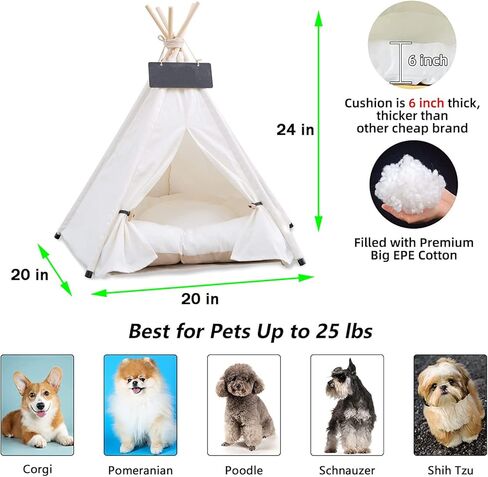 Pet Teepee Tent for Small Dogs & Cats, Portable Puppy Bed with Thick Cushion, Cat Teepee Washable Tent Dog Teepee Bed for Small Pets Up to 25lbs Indoor Outdoor in Kuwait