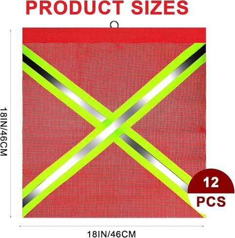 12 PCS 18 x 18 Inch Safety Flags for Trucks with High Visibility Cross Reflective Strip and Wire Loop, Reflective Warning Flag, Red Flag for Truck Loads, Weather-Proof Oversize Load Flags for Trailer in Saudi Arabia