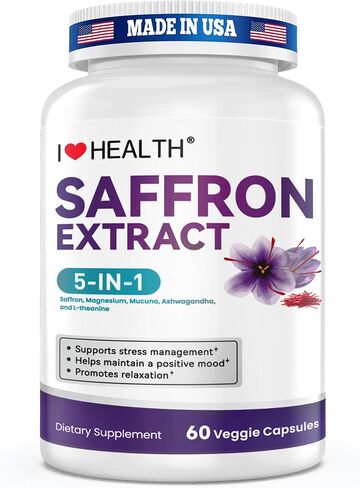 مكمل الزعفران - 88.5 مجم مع جليسينات المغنيسيوم والأشواغاندا والل-ثيانين لتخفيف التوتر والمزاج الهادئ والتوازن العاطفي - صنع في الولايات المتحدة الأمريكية - 60 كبسولة in Kuwait