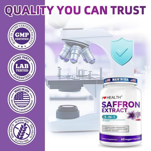 مكمل الزعفران - 88.5 مجم مع جليسينات المغنيسيوم والأشواغاندا والل-ثيانين لتخفيف التوتر والمزاج الهادئ والتوازن العاطفي - صنع في الولايات المتحدة الأمريكية - 60 كبسولة in Kuwait