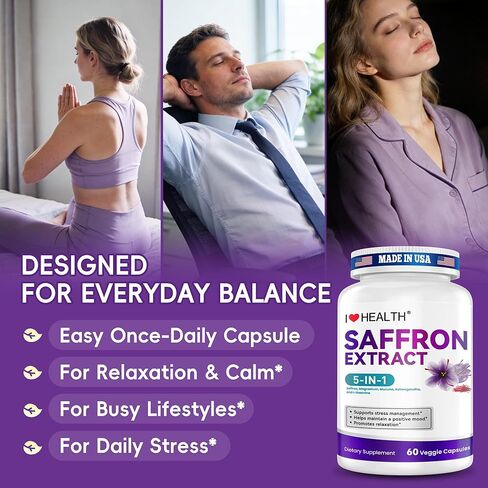 مكمل الزعفران - 88.5 مجم مع جليسينات المغنيسيوم والأشواغاندا والل-ثيانين لتخفيف التوتر والمزاج الهادئ والتوازن العاطفي - صنع في الولايات المتحدة الأمريكية - 60 كبسولة in Kuwait