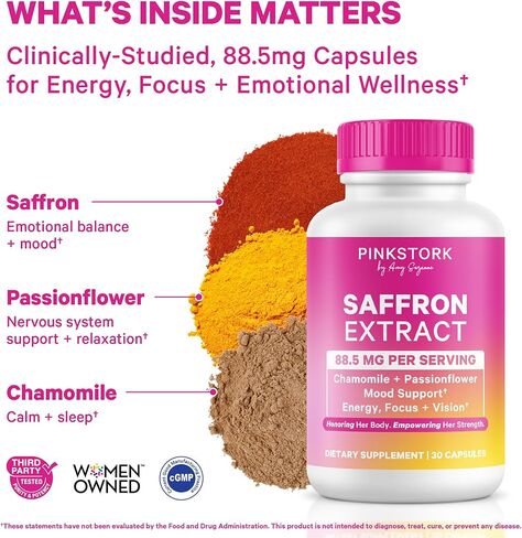 Pink Stork Saffron Extract for Women | 88.5 mg Saffron Extract with Chamomile + Passionflower Herbal Supplement | Supports Emotional Wellness + Balanced Mood | 30 Vegan Capsules in Saudi Arabia