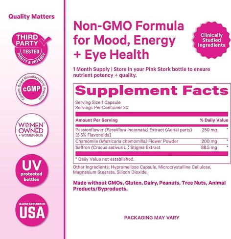 Pink Stork Saffron Extract for Women | 88.5 mg Saffron Extract with Chamomile + Passionflower Herbal Supplement | Supports Emotional Wellness + Balanced Mood | 30 Vegan Capsules in Saudi Arabia