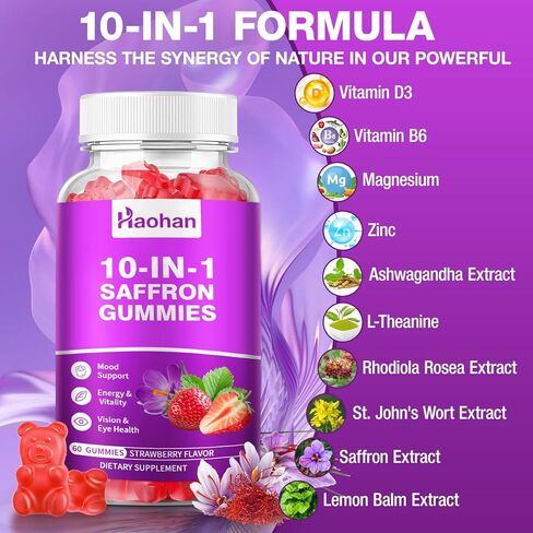 حلوى هاوهان سافرون للأطفال والكبار - مكمل 10 في 1 مع 88.5 ملجم من مستخلص الزعفران العضوي لدعم هدوء العقل والتركيز. خالي من السكر، غير معدل وراثيًا، نكهة الفراولة، 120 قطعة in Kuwait