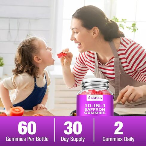 حلوى هاوهان سافرون للأطفال والكبار - مكمل 10 في 1 مع 88.5 ملجم من مستخلص الزعفران العضوي لدعم هدوء العقل والتركيز. خالي من السكر، غير معدل وراثيًا، نكهة الفراولة، 120 قطعة in Kuwait