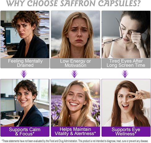 مكملات الزعفران لدعم الحالة المزاجية والطاقة والرؤية - 88.5 مجم كبسولات من خلاصة الزعفران النقي - دعم التركيز والعين وتخفيف التوتر للنساء والرجال - نباتي، غير معدل وراثيًا - 90 كبسولة نباتية (كمية تكفي لمدة 3 أشهر) in Kuwait