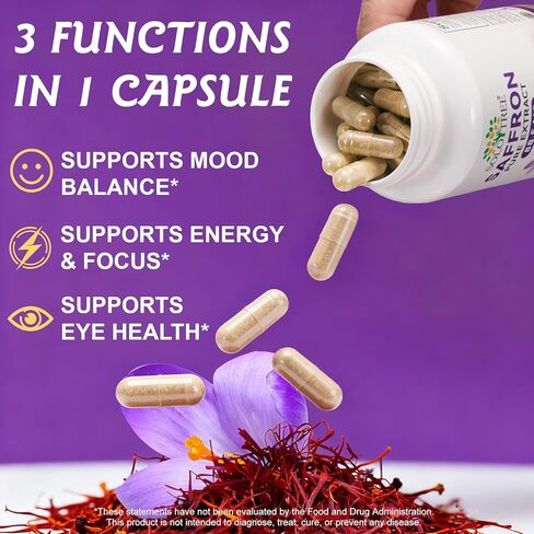 مكملات الزعفران لدعم الحالة المزاجية والطاقة والرؤية - 88.5 مجم كبسولات من خلاصة الزعفران النقي - دعم التركيز والعين وتخفيف التوتر للنساء والرجال - نباتي، غير معدل وراثيًا - 90 كبسولة نباتية (كمية تكفي لمدة 3 أشهر) in Kuwait