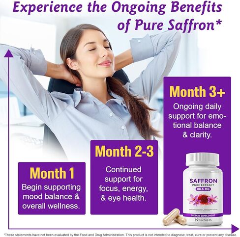 مكملات الزعفران لدعم الحالة المزاجية والطاقة والرؤية - 88.5 مجم كبسولات من خلاصة الزعفران النقي - دعم التركيز والعين وتخفيف التوتر للنساء والرجال - نباتي، غير معدل وراثيًا - 90 كبسولة نباتية (كمية تكفي لمدة 3 أشهر) in Kuwait