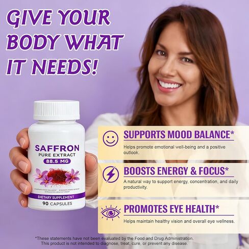 مكملات الزعفران لدعم الحالة المزاجية والطاقة والرؤية - 88.5 مجم كبسولات من خلاصة الزعفران النقي - دعم التركيز والعين وتخفيف التوتر للنساء والرجال - نباتي، غير معدل وراثيًا - 90 كبسولة نباتية (كمية تكفي لمدة 3 أشهر) in Kuwait