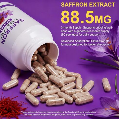 مكملات الزعفران لدعم الحالة المزاجية والطاقة والرؤية - 88.5 مجم كبسولات من خلاصة الزعفران النقي - دعم التركيز والعين وتخفيف التوتر للنساء والرجال - نباتي، غير معدل وراثيًا - 90 كبسولة نباتية (كمية تكفي لمدة 3 أشهر) in Kuwait