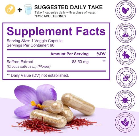 مكملات الزعفران لدعم الحالة المزاجية والطاقة والرؤية - 88.5 مجم كبسولات من خلاصة الزعفران النقي - دعم التركيز والعين وتخفيف التوتر للنساء والرجال - نباتي، غير معدل وراثيًا - 90 كبسولة نباتية (كمية تكفي لمدة 3 أشهر) in Kuwait