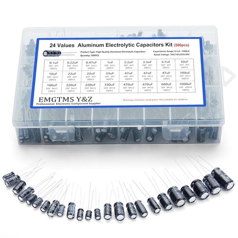 500pcs 24-Value Electrolytic Capacitor Assortment Kit (0.1uF-1000uF) | 10V 16V 25V 50V Aluminum Capacitors Set with Transparent Storage Box for DIY, Electronics Repair in Kuwait