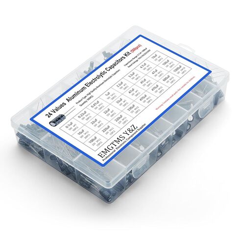 500pcs 24-Value Electrolytic Capacitor Assortment Kit (0.1uF-1000uF) | 10V 16V 25V 50V Aluminum Capacitors Set with Transparent Storage Box for DIY, Electronics Repair in Kuwait