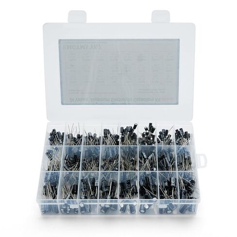 500pcs 24-Value Electrolytic Capacitor Assortment Kit (0.1uF-1000uF) | 10V 16V 25V 50V Aluminum Capacitors Set with Transparent Storage Box for DIY, Electronics Repair in Kuwait