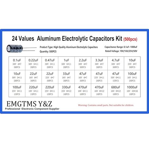 500pcs 24-Value Electrolytic Capacitor Assortment Kit (0.1uF-1000uF) | 10V 16V 25V 50V Aluminum Capacitors Set with Transparent Storage Box for DIY, Electronics Repair in Kuwait