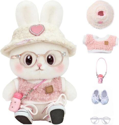 5-Piece Labubu Clothes - Clothes for Labubu Outfit,Chic Style Set for 17cm Labubu Dolls - Clothes + Light Pink Heart-Shaped Velvet hat + Small Camera + Glasses + Canvas Shoes,Just Clothes(Style A) in Kuwait