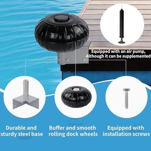 Dock Bumpers Wheel, Dock Corner Bumper Wheel for Docking Pontoon Boat, 18'' Inflatable Dock Fender Wheels,Can Roll Smoothly, Includes Heavy-Duty Hardware, Air Pump and Cover (Black, 18 inch diameter) in Saudi Arabia