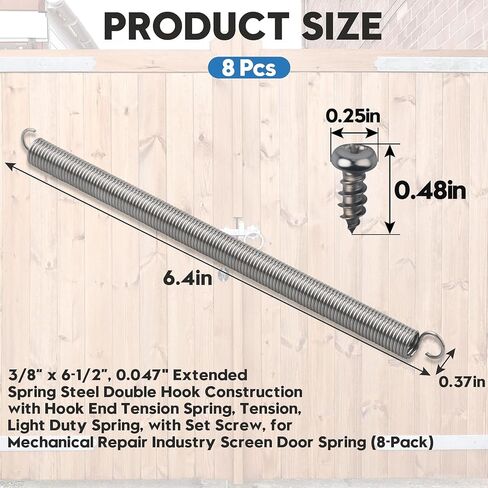 3/8“ x 6-1/2", 0.047" Extended Spring Steel Double Hook Construction Hook-End Tension, Light Duty Spring, with Set Screw, for Mechanical Repair Industry Screen Door(8-Pack) in Kuwait