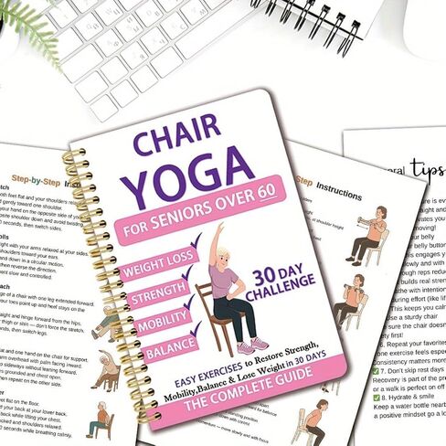 Chair Yoga for Seniors Over 60 Book & Chart, Chair Yoga for Weight Loss & Toning, 30-Day Challenge, Exercise Book for Seniors Over 60 (Pink) in Saudi Arabia