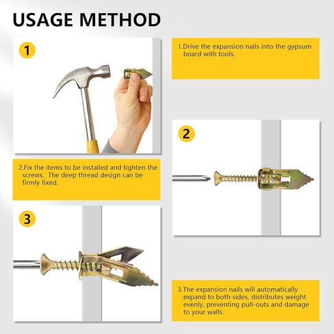200Pcs Self Drilling Drywall Anchors with Screws, 100 Sheetrock Anchors (0.47x1.18 Inch) and 100 Galvanized Steel Expansion Screws No Drill Needed for Wall Hanging in Saudi Arabia