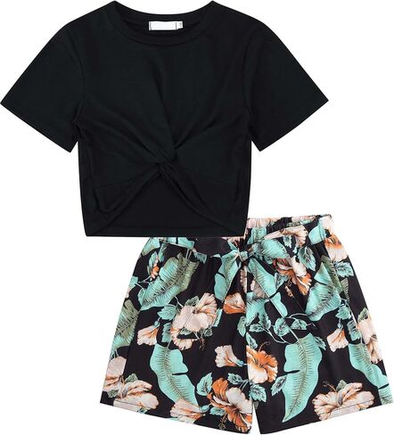 Girls Clothing Sets Short Sleeve Twist T-Shirt Top and Tie Front Shorts Set Summer 2 Piece Outfit 3-12Y in Kuwait