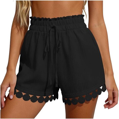 Womens Shorts Summer Casual Elastic Waist Drawstring Shorts with Pockets Lace Hem Boho Beach Short Pants for Travel in Saudi Arabia