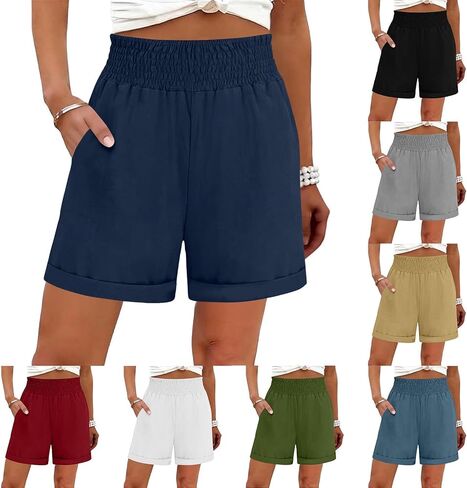 Linen Shorts Women High Waist Summer Loose Shorts Cute Lightweight Casual Short Pants Trendy Beach Vacation Clothes in Saudi Arabia
