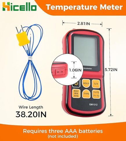 Digital Dual Channel K Type Thermocouple Thermometer (-238 to 3212°F) with 2 Probes & 2 Pipe Clamps – High Accuracy Temperature Meter with T1/T2 & T1-T2 Display, for HVAC, Industrial, Lab Use in Saudi Arabia