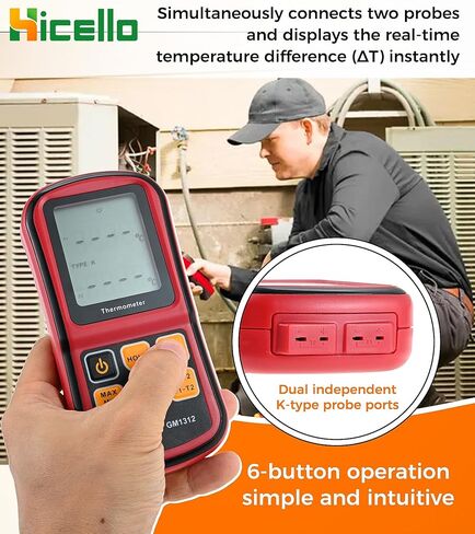Digital Dual Channel K Type Thermocouple Thermometer (-238 to 3212°F) with 2 Probes & 2 Pipe Clamps – High Accuracy Temperature Meter with T1/T2 & T1-T2 Display, for HVAC, Industrial, Lab Use in Saudi Arabia