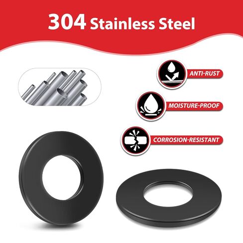 100PCS 1/4'' x 5/8'' SAE Black Flat Washers 304 Stainless Steel Universal Flat Washer, 1.5mm Thick in Kuwait