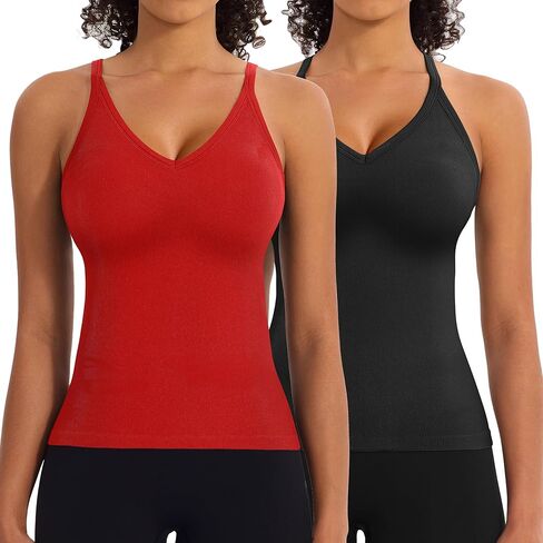 2 Pack V Neck Workout Tank Tops with Built in Bra for Women Seamless Ribbed T-Back Tank & Adjustable Strap Camisole in Saudi Arabia