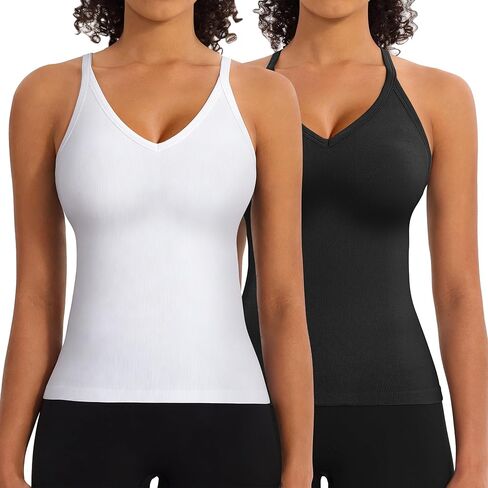 2 Pack V Neck Workout Tank Tops with Built in Bra for Women Seamless Ribbed T-Back Tank & Adjustable Strap Camisole in Saudi Arabia