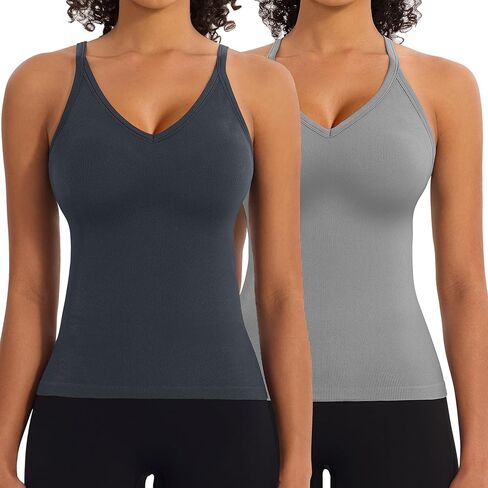 2 Pack V Neck Workout Tank Tops with Built in Bra for Women Seamless Ribbed T-Back Tank & Adjustable Strap Camisole in Saudi Arabia