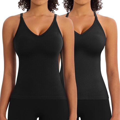 2 Pack V Neck Workout Tank Tops with Built in Bra for Women Seamless Ribbed T-Back Tank & Adjustable Strap Camisole in Saudi Arabia