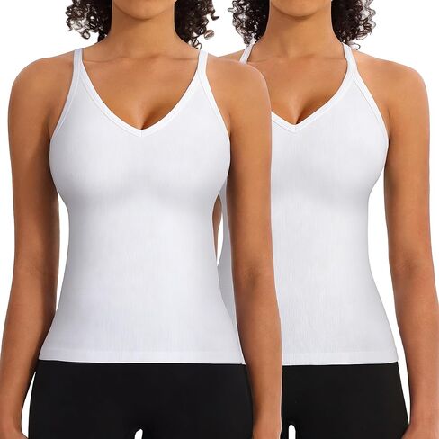 2 Pack V Neck Workout Tank Tops with Built in Bra for Women Seamless Ribbed T-Back Tank & Adjustable Strap Camisole in Saudi Arabia