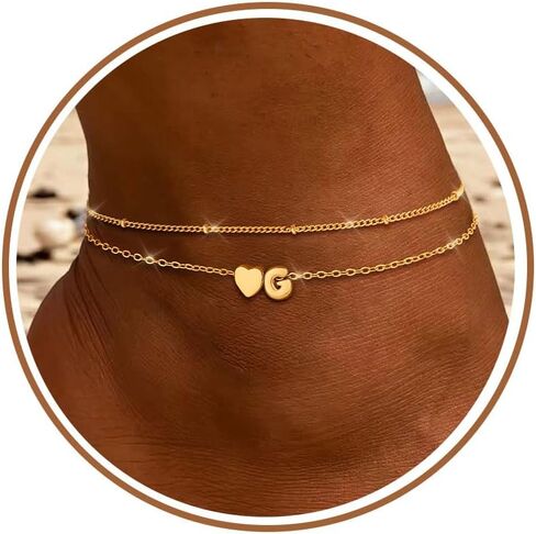 Initial Heart Gold Ankle Bracelets for Women Trendy 14K Gold Plated Dainty Layered Letter A-Z Heart Charm Anklets Set Non Tarnish Adjustable Anklet Handmade Waterproof for Summer Beach Foot Jewelry in Kuwait