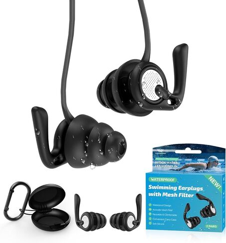 سدادات أذن للسباحة، زوجان من سدادات الأذن المصنوعة من السيليكون المقاومة للماء وقابلة لإعادة الاستخدام مع سلك وحقيبة للسباحة والاستحمام وركوب الأمواج وحمام السباحة والرياضات المائية، مناسبة ومريحة للبالغين والمراهقين والأطفال بعمر 9 سنوات فما فوق in Kuwait