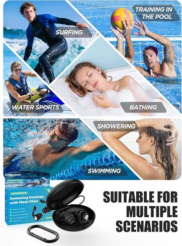سدادات أذن للسباحة، زوجان من سدادات الأذن المصنوعة من السيليكون المقاومة للماء وقابلة لإعادة الاستخدام مع سلك وحقيبة للسباحة والاستحمام وركوب الأمواج وحمام السباحة والرياضات المائية، مناسبة ومريحة للبالغين والمراهقين والأطفال بعمر 9 سنوات فما فوق in Kuwait