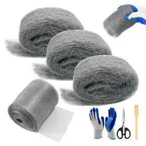 [Upgrade 4in1] Steel Wool Mice Control,Wire Mesh Hole Filler Gap Rodent Control Fill Fabric,Dual-Layer Protection for Mouse,Weep Hole Covers,3 Pack Steel Wool 1#&1 Pack Stainless Mesh Kit with Tools in Kuwait