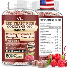 Red Yeast Rice with CoQ10 Gummies,2400mg Red Rice Yeast for Cholesterol*, CoQ10 200mg with Phytosterols, Omega - 3 & Chromium,- 60 Count, Raspberry Flavor for Women & Men in Kuwait