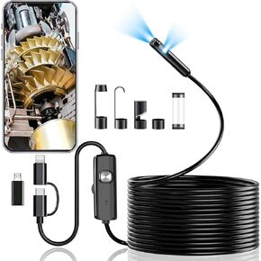 كاميرا منظار مزدوجة العدسات مع ضوء، منظار HD 1920P مع 8 مصابيح LED قابلة للتعديل، سلك ثعبان شبه صلب بطول 16.4 قدم، أداة فحص مقاومة للماء IP68 لهواتف iPhone، Android، السيارات، السباكة، التدفئة والتهوية وتكييف الهواء (7.9 مم) in Kuwait