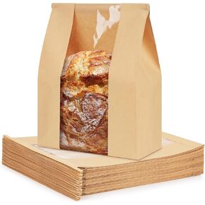 50 عبوة من أكياس الخبز الورقية مع شريط ربط من القصدير للخبز المنزلي، وحقيبة مخبز كبيرة مع نافذة أكياس رغيف العجين المخمر المستديرة لبيع الخبز وتقديم الهدايا (8.3 × 3.5 × 13 بوصة) | مقاومة الشحوم in Kuwait