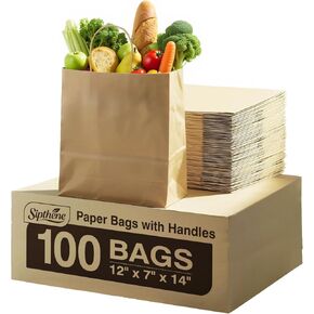 Paper Grocery Bags with Handles (100 Pcs Bulk) 12x7x14 Inches, Large Brown Paper Bags 57 Lbs Basis - Heavy Duty Kraft Paper Sacks for Shopping, Retail, Takeout, To Go in Kuwait