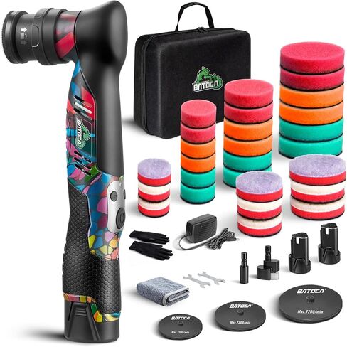 BATOCA S5 Cordless Mini Car Polisher Buffer Machine Dual Action & Rotary Mini Polishing Machine 1x 12V 2A Battery with 1inch 3inch Polishing Pads Kit for Car Motorcycle Deatiling Polish Buffing Clean in Kuwait